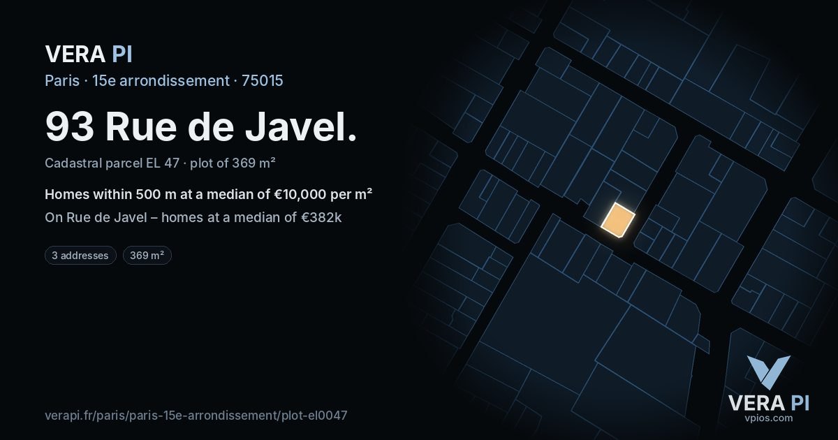 93 Rue de Javel, 15e arrondissement at night – the plot lit, the parcels around coloured by the prices near them