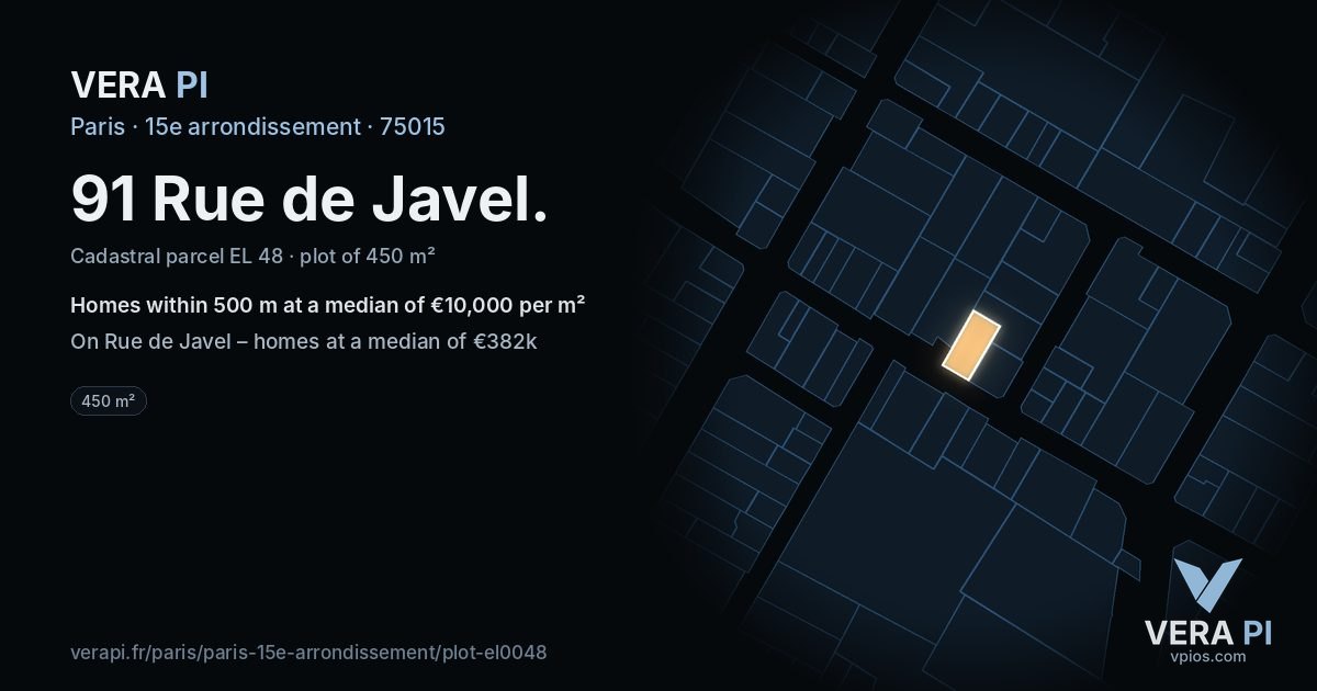 91 Rue de Javel, 15e arrondissement at night – the plot lit, the parcels around coloured by the prices near them