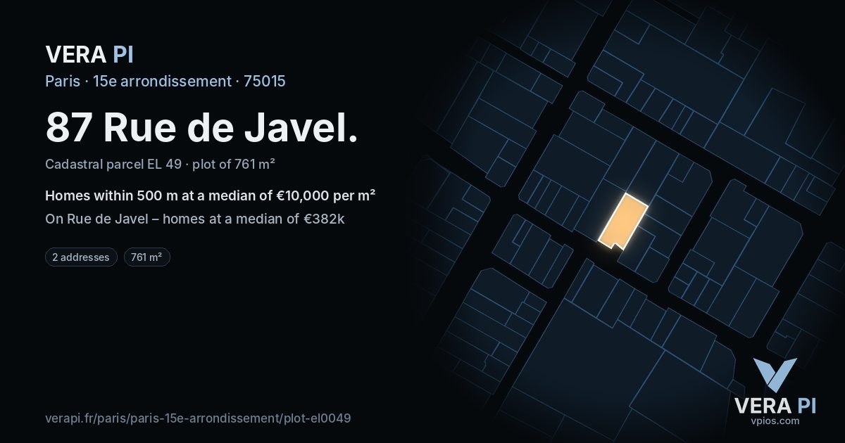 87 Rue de Javel, 15e arrondissement at night – the plot lit, the parcels around coloured by the prices near them