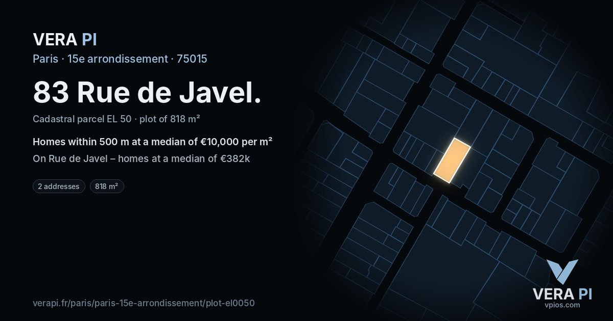 83 Rue de Javel, 15e arrondissement at night – the plot lit, the parcels around coloured by the prices near them