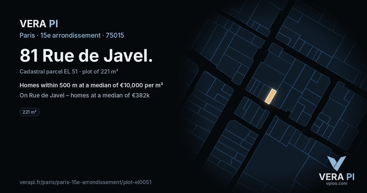 81 Rue de Javel, 15e arrondissement at night – the plot lit, the parcels around coloured by the prices near them