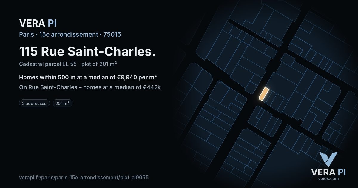 115 Rue Saint-Charles, 15e arrondissement at night – the plot lit, the parcels around coloured by the prices near them