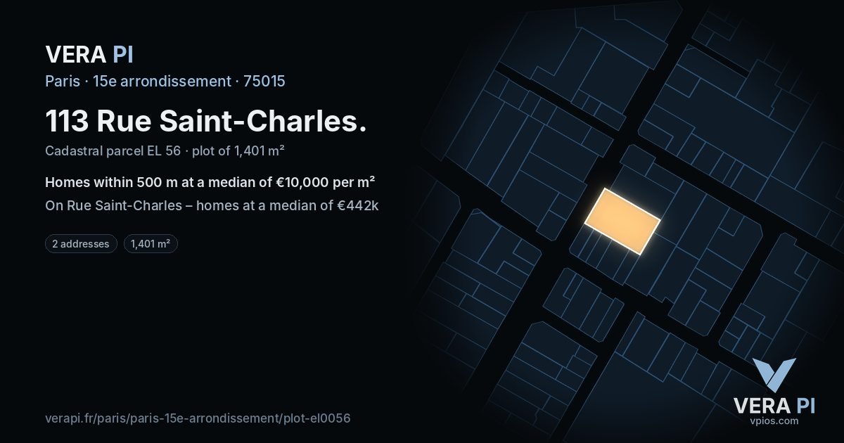 113 Rue Saint-Charles, 15e arrondissement at night – the plot lit, the parcels around coloured by the prices near them