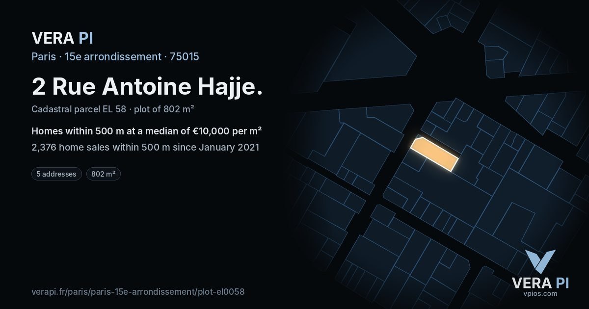 2 Rue Antoine Hajje, 15e arrondissement at night – the plot lit, the parcels around coloured by the prices near them