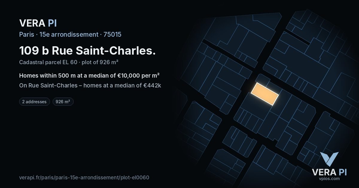 109 b Rue Saint-Charles, 15e arrondissement at night – the plot lit, the parcels around coloured by the prices near them