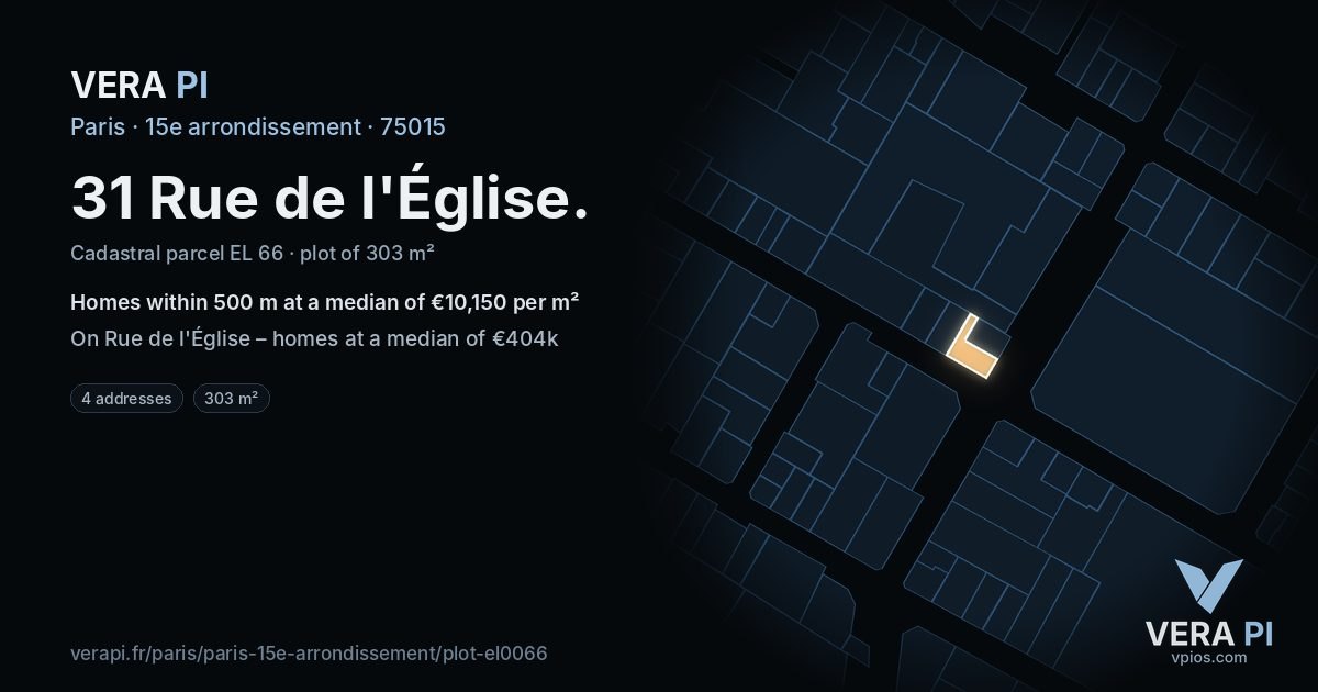 31 Rue de l'Église, 15e arrondissement at night – the plot lit, the parcels around coloured by the prices near them