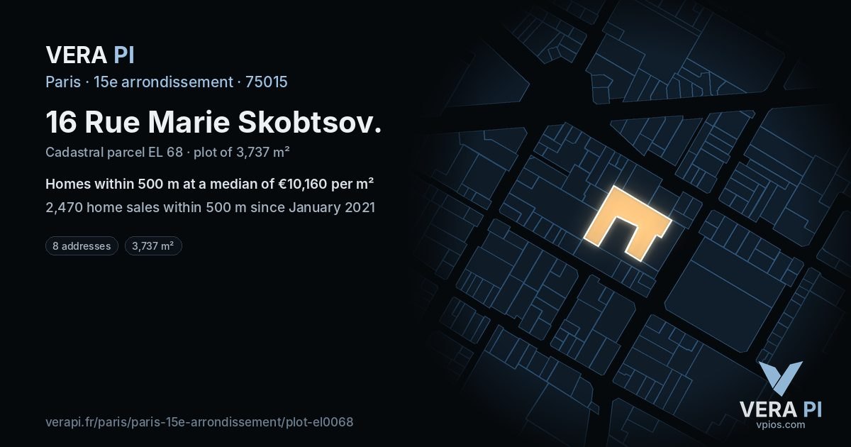 16 Rue Marie Skobtsov, 15e arrondissement at night – the plot lit, the parcels around coloured by the prices near them