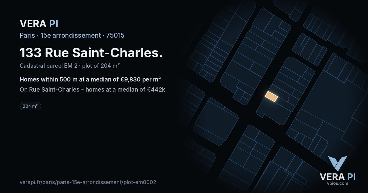 133 Rue Saint-Charles, 15e arrondissement at night – the plot lit, the parcels around coloured by the prices near them
