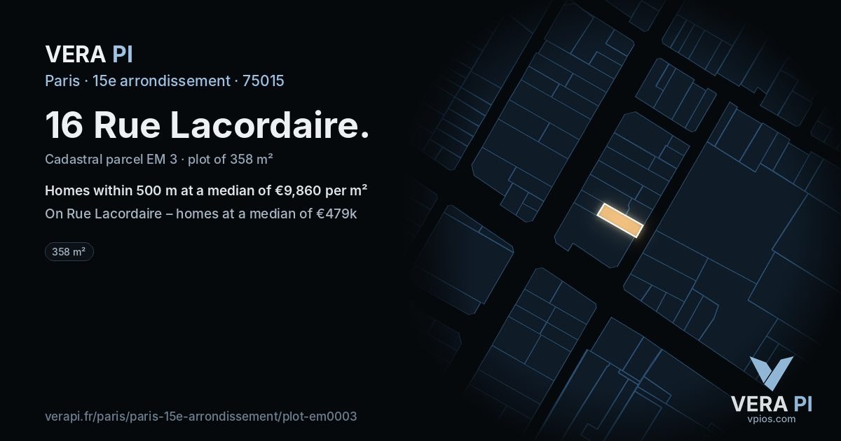 16 Rue Lacordaire, 15e arrondissement at night – the plot lit, the parcels around coloured by the prices near them