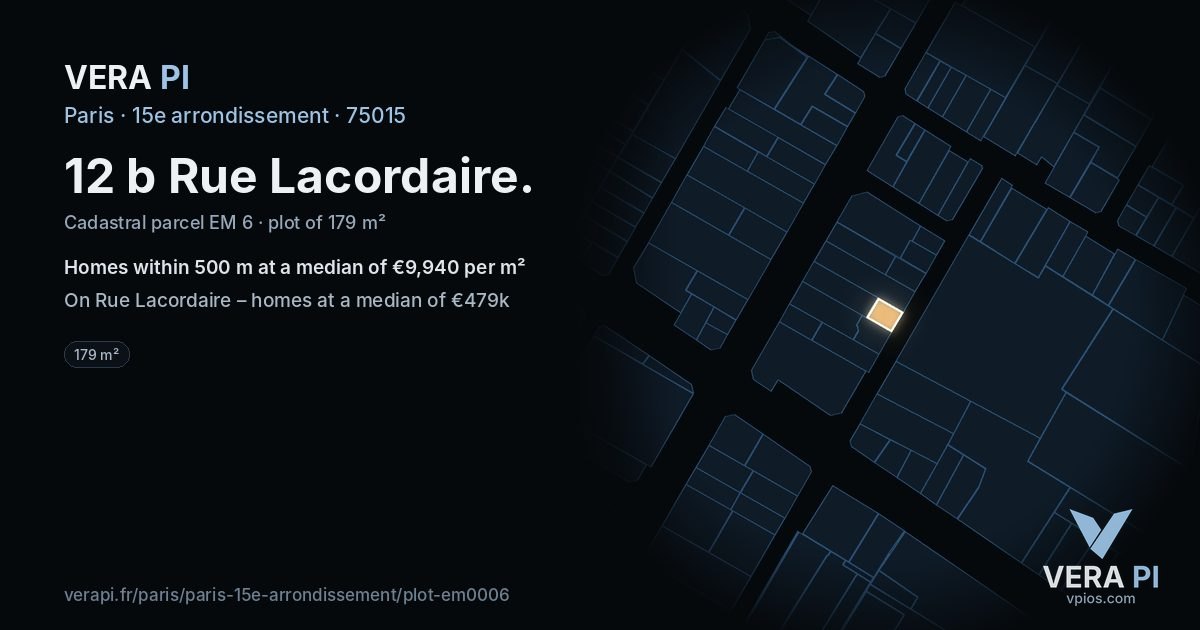 12 b Rue Lacordaire, 15e arrondissement at night – the plot lit, the parcels around coloured by the prices near them