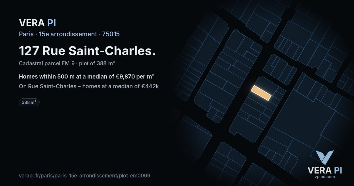 127 Rue Saint-Charles, 15e arrondissement at night – the plot lit, the parcels around coloured by the prices near them