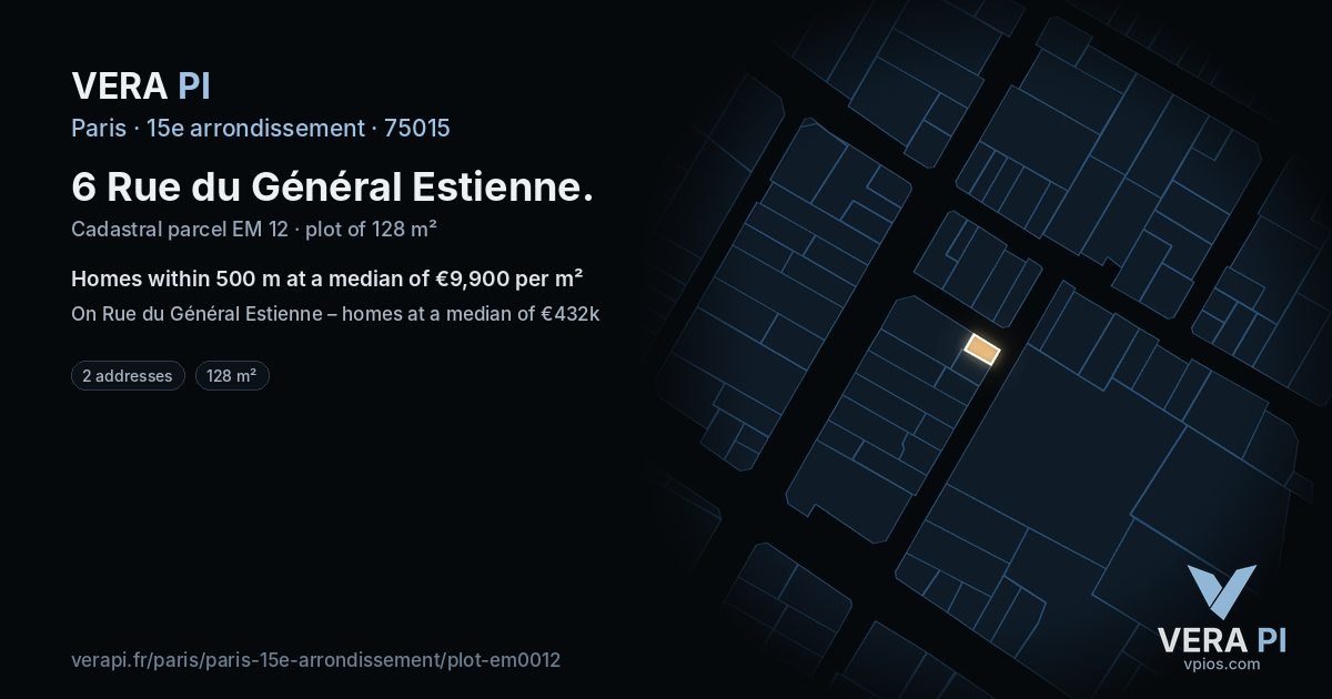 6 Rue du Général Estienne, 15e arrondissement at night – the plot lit, the parcels around coloured by the prices near them