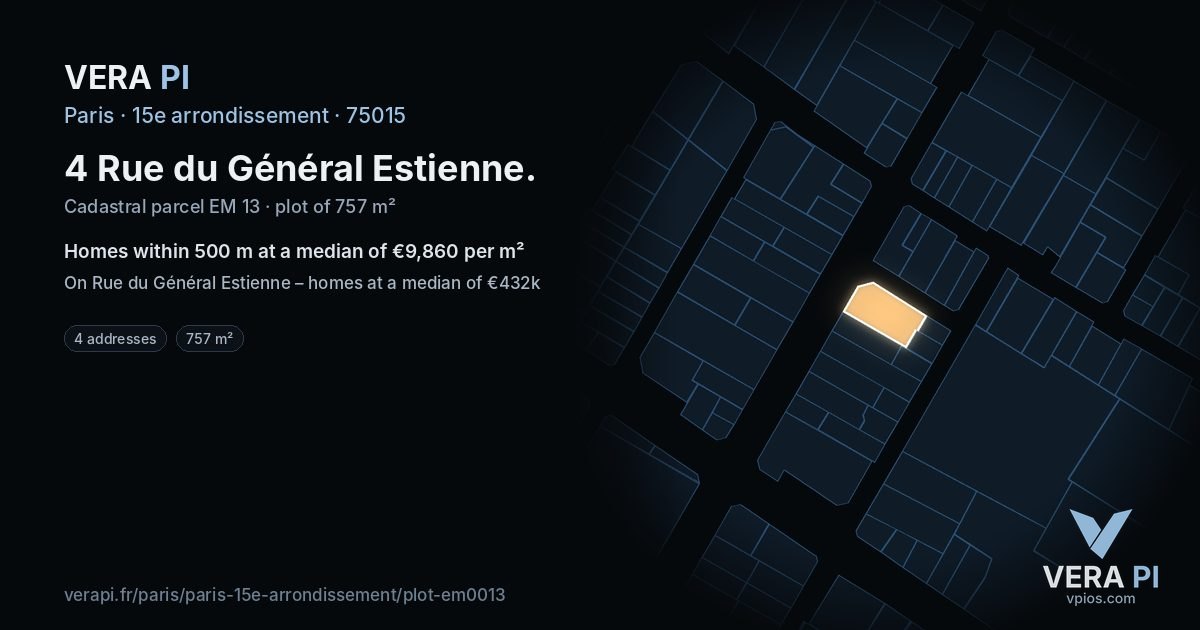 4 Rue du Général Estienne, 15e arrondissement at night – the plot lit, the parcels around coloured by the prices near them
