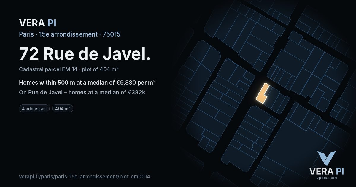72 Rue de Javel, 15e arrondissement at night – the plot lit, the parcels around coloured by the prices near them