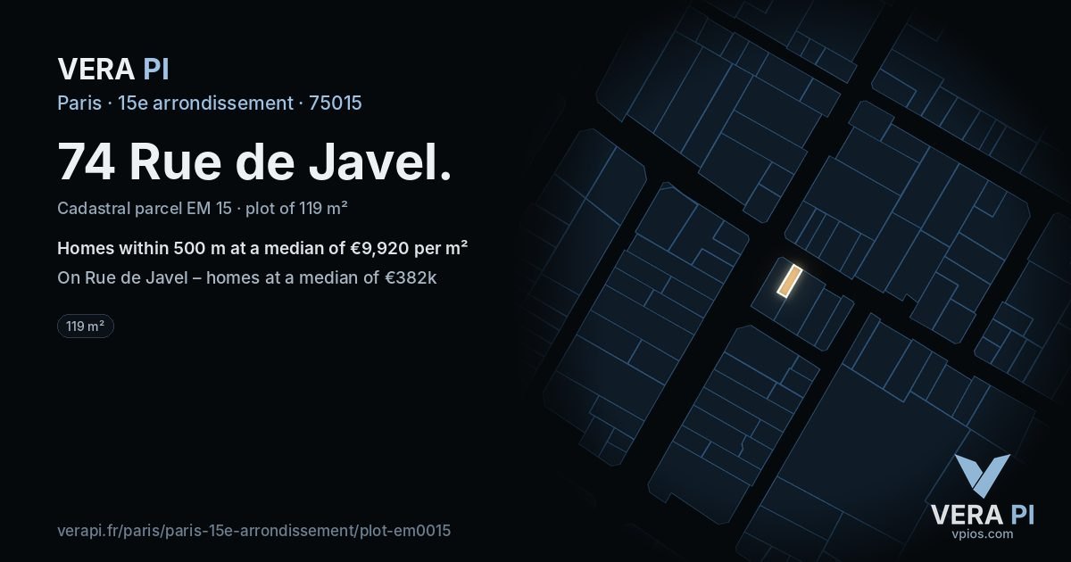 74 Rue de Javel, 15e arrondissement at night – the plot lit, the parcels around coloured by the prices near them