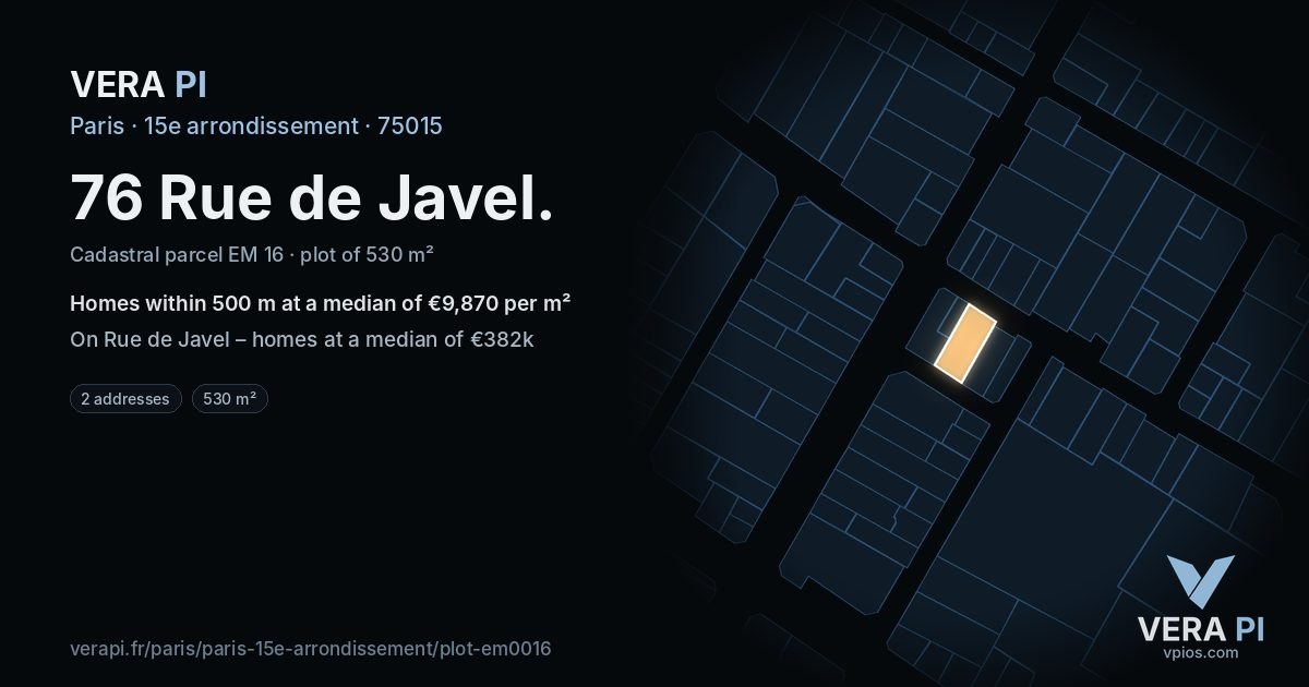 76 Rue de Javel, 15e arrondissement at night – the plot lit, the parcels around coloured by the prices near them