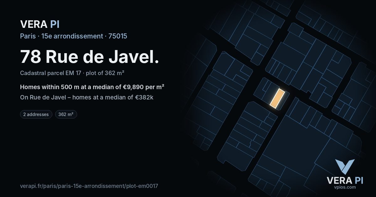 78 Rue de Javel, 15e arrondissement at night – the plot lit, the parcels around coloured by the prices near them