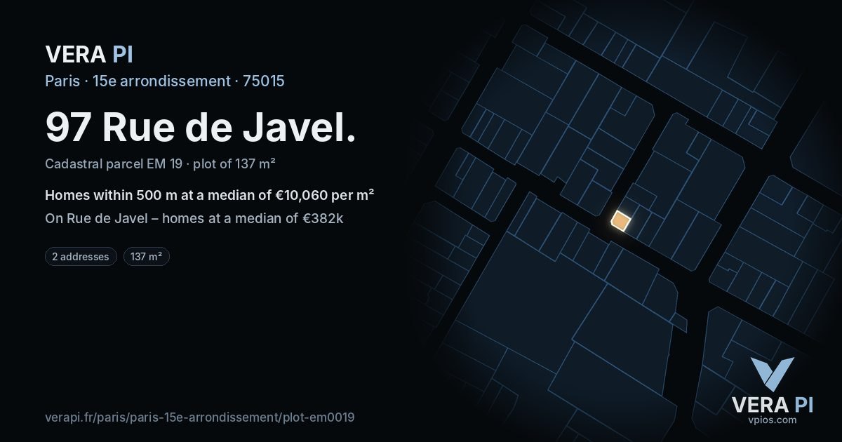 97 Rue de Javel, 15e arrondissement at night – the plot lit, the parcels around coloured by the prices near them