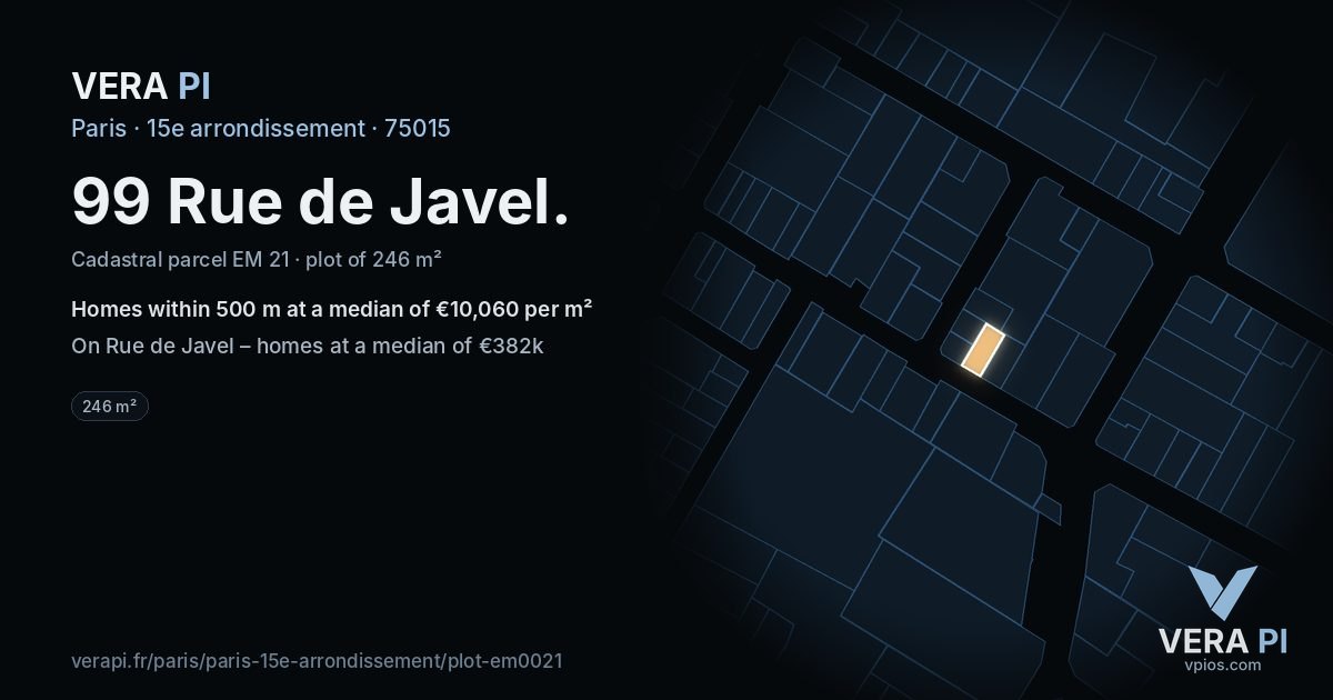 99 Rue de Javel, 15e arrondissement at night – the plot lit, the parcels around coloured by the prices near them