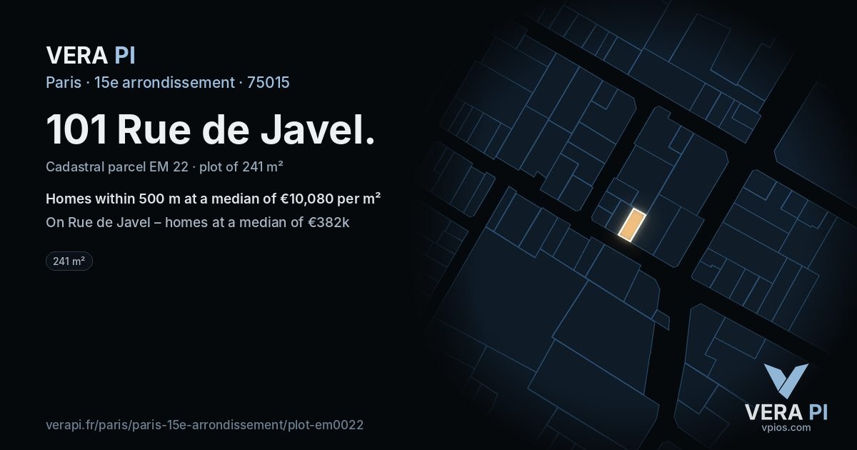 101 Rue de Javel, 15e arrondissement at night – the plot lit, the parcels around coloured by the prices near them