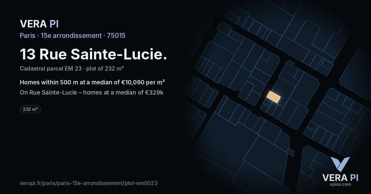 13 Rue Sainte-Lucie, 15e arrondissement at night – the plot lit, the parcels around coloured by the prices near them
