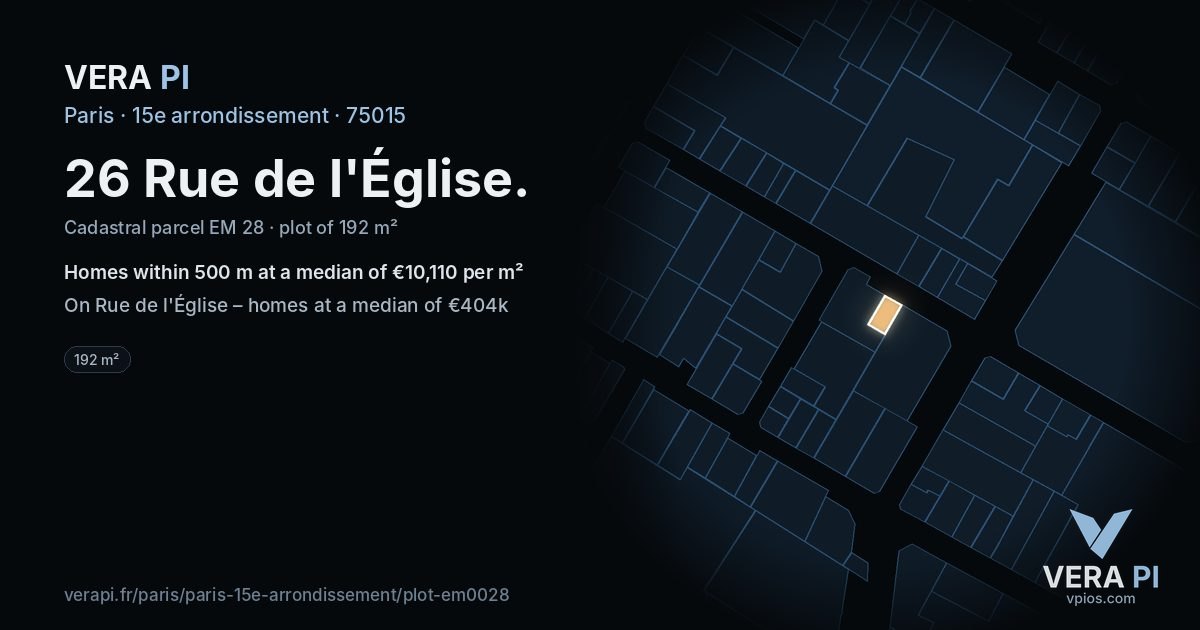 26 Rue de l'Église, 15e arrondissement at night – the plot lit, the parcels around coloured by the prices near them