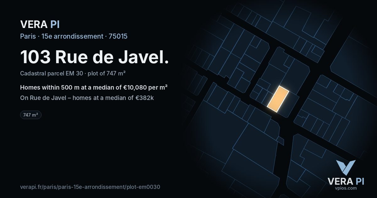 103 Rue de Javel, 15e arrondissement at night – the plot lit, the parcels around coloured by the prices near them