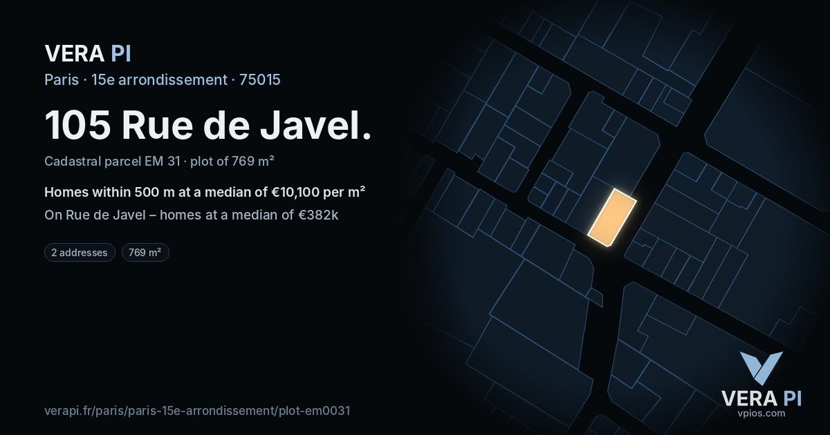 105 Rue de Javel, 15e arrondissement at night – the plot lit, the parcels around coloured by the prices near them