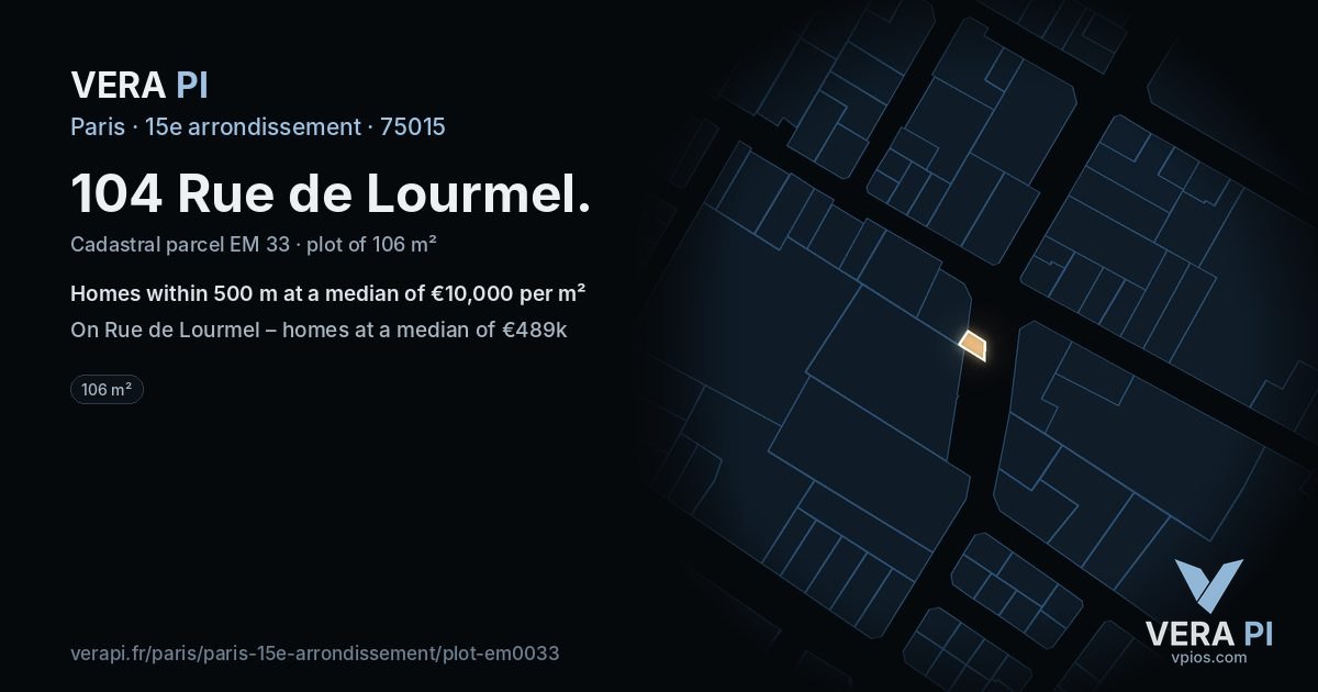104 Rue de Lourmel, 15e arrondissement at night – the plot lit, the parcels around coloured by the prices near them