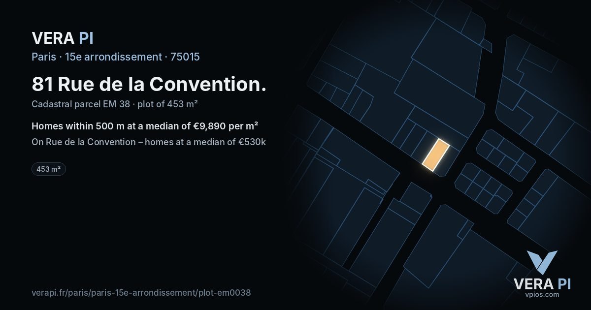 81 Rue de la Convention, 15e arrondissement at night – the plot lit, the parcels around coloured by the prices near them