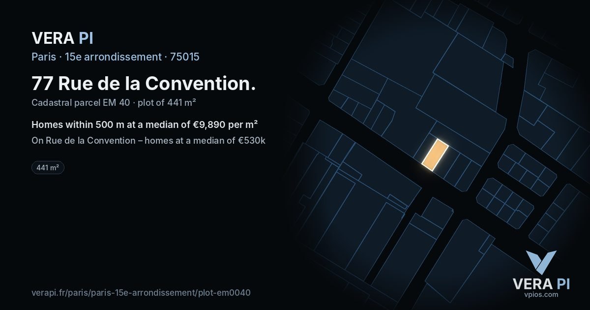 77 Rue de la Convention, 15e arrondissement at night – the plot lit, the parcels around coloured by the prices near them