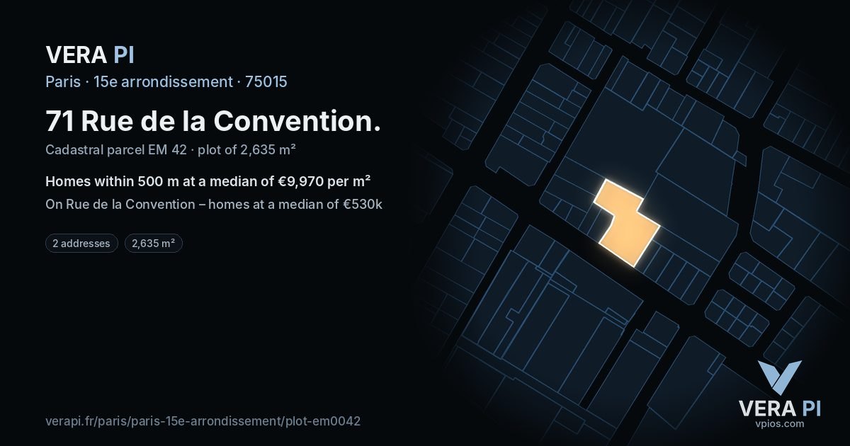 71 Rue de la Convention, 15e arrondissement at night – the plot lit, the parcels around coloured by the prices near them