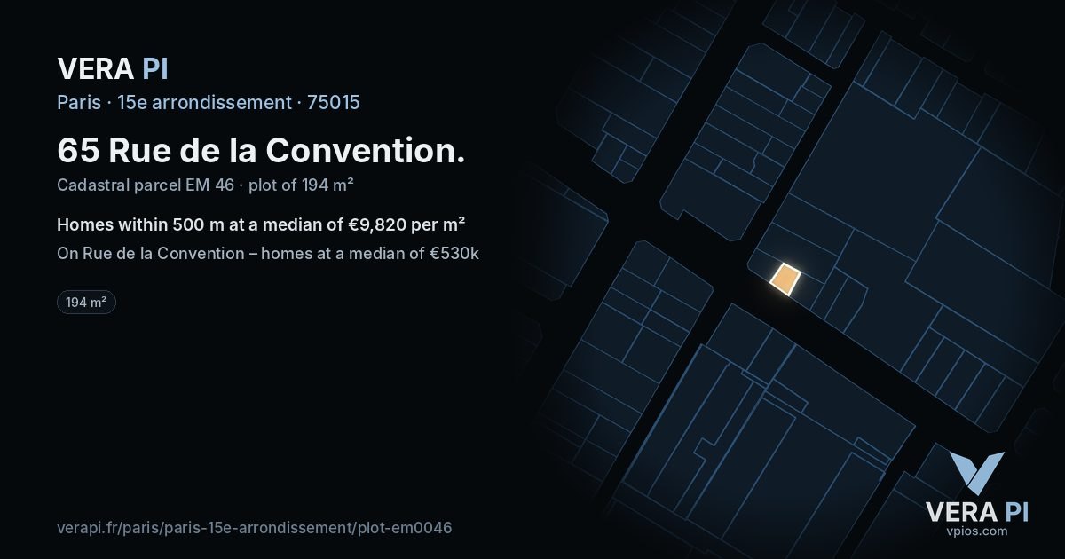 65 Rue de la Convention, 15e arrondissement at night – the plot lit, the parcels around coloured by the prices near them