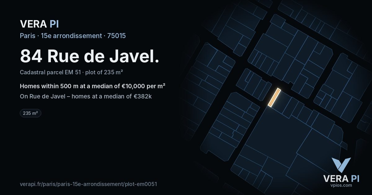 84 Rue de Javel, 15e arrondissement at night – the plot lit, the parcels around coloured by the prices near them