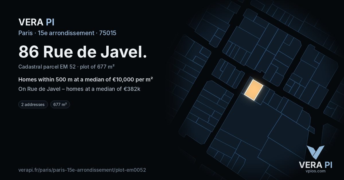 86 Rue de Javel, 15e arrondissement at night – the plot lit, the parcels around coloured by the prices near them