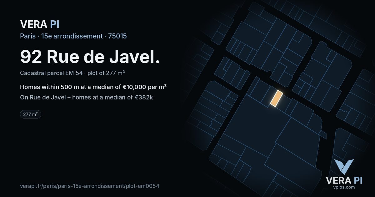 92 Rue de Javel, 15e arrondissement at night – the plot lit, the parcels around coloured by the prices near them
