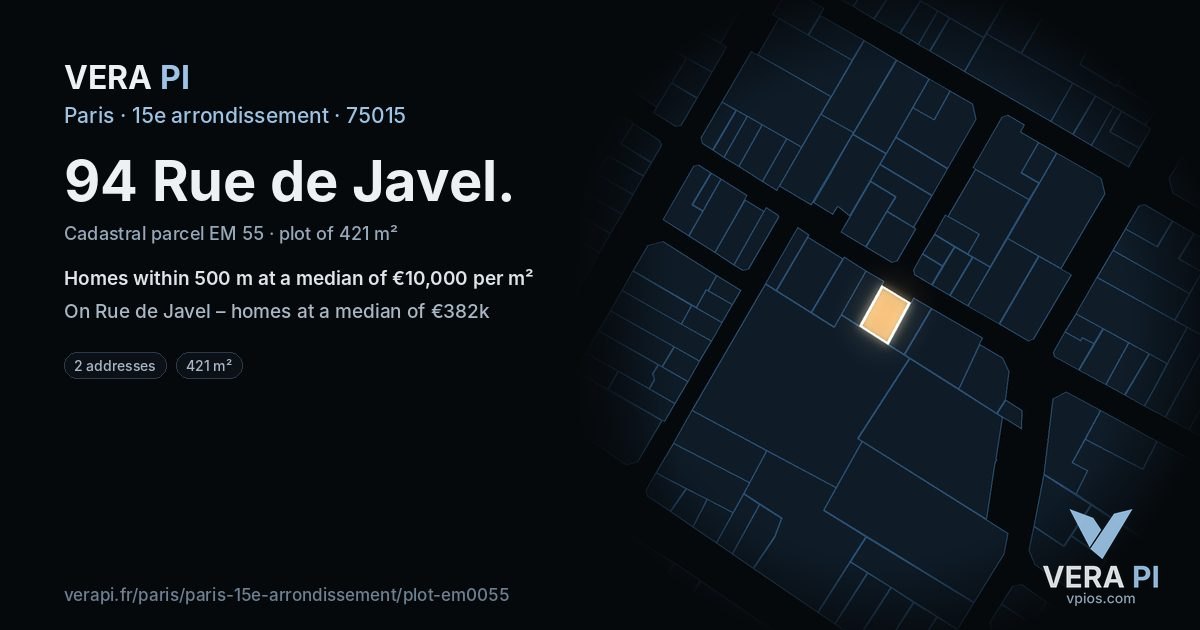 94 Rue de Javel, 15e arrondissement at night – the plot lit, the parcels around coloured by the prices near them
