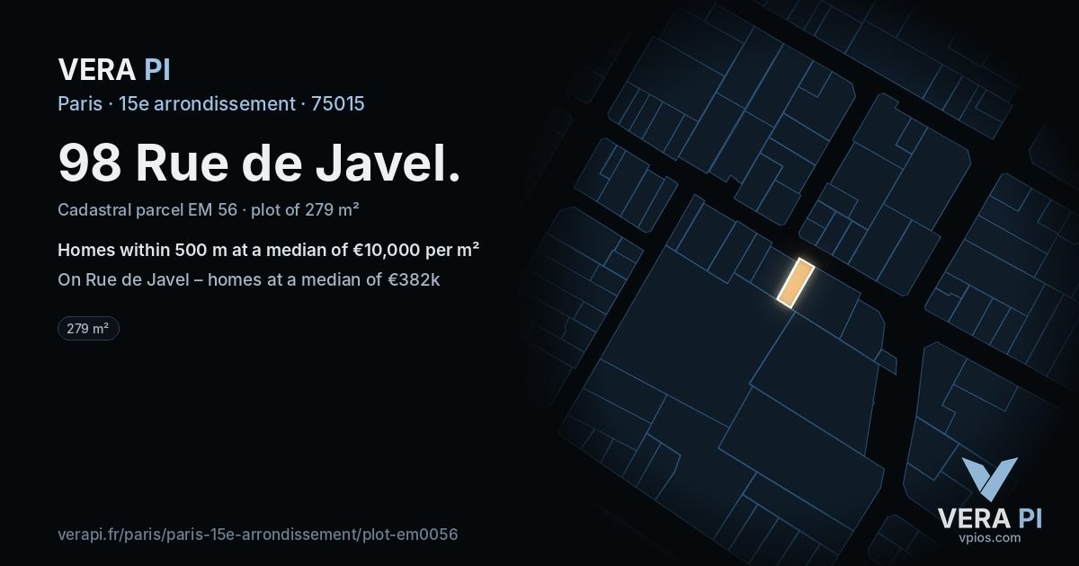 98 Rue de Javel, 15e arrondissement at night – the plot lit, the parcels around coloured by the prices near them