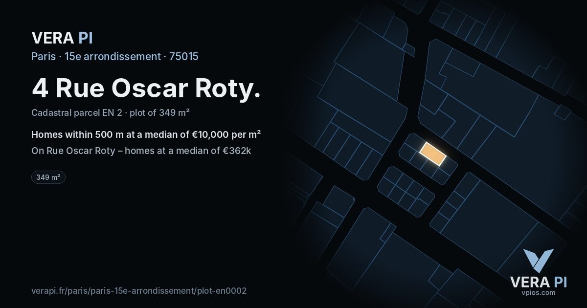 4 Rue Oscar Roty, 15e arrondissement at night – the plot lit, the parcels around coloured by the prices near them