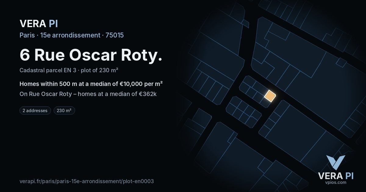6 Rue Oscar Roty, 15e arrondissement at night – the plot lit, the parcels around coloured by the prices near them
