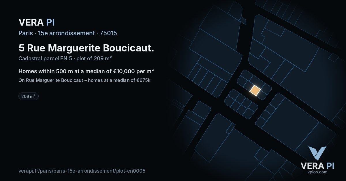5 Rue Marguerite Boucicaut, 15e arrondissement at night – the plot lit, the parcels around coloured by the prices near them