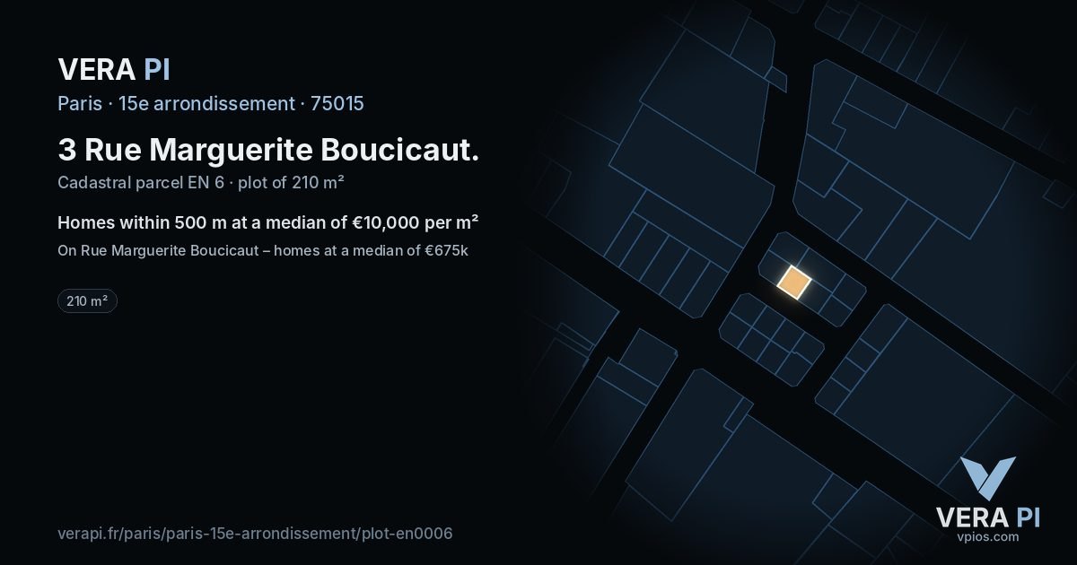 3 Rue Marguerite Boucicaut, 15e arrondissement at night – the plot lit, the parcels around coloured by the prices near them