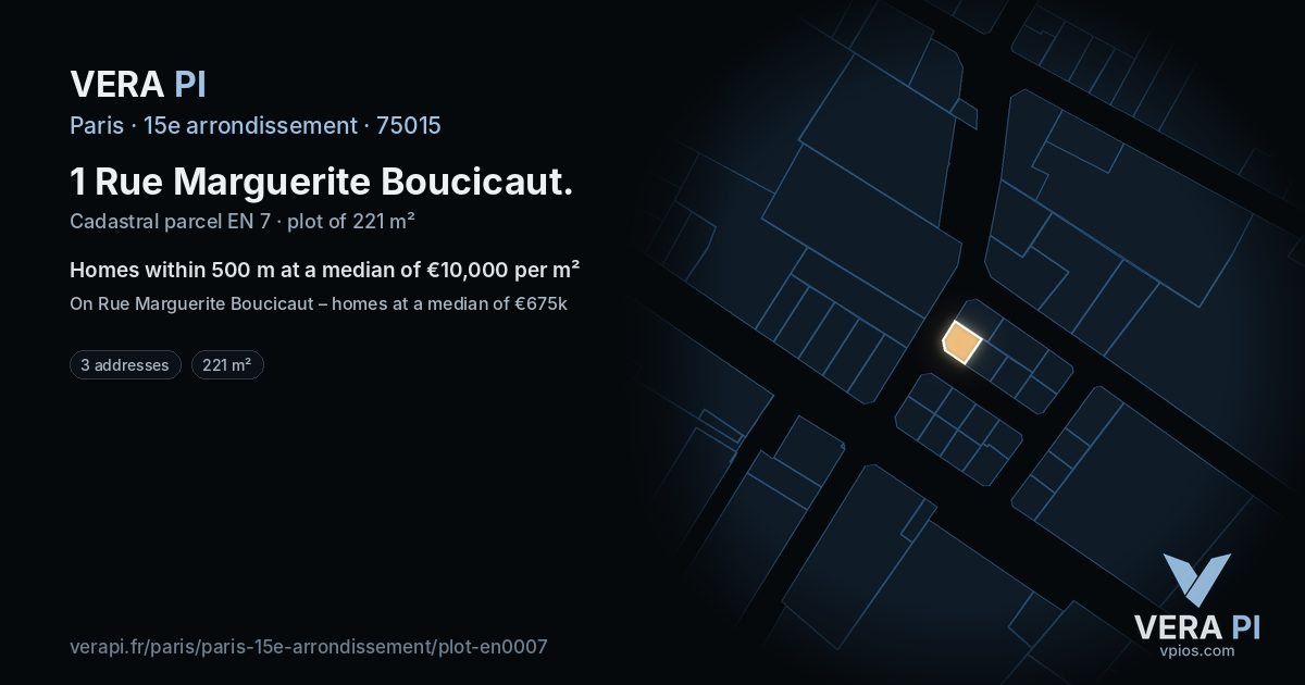 1 Rue Marguerite Boucicaut, 15e arrondissement at night – the plot lit, the parcels around coloured by the prices near them