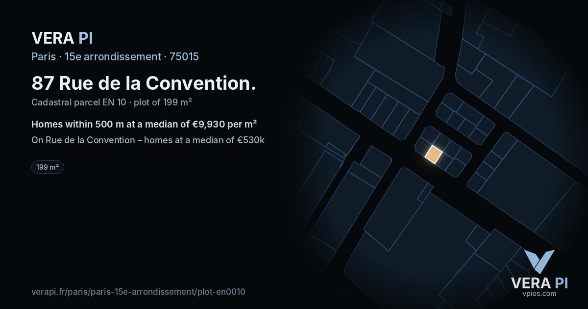87 Rue de la Convention, 15e arrondissement at night – the plot lit, the parcels around coloured by the prices near them