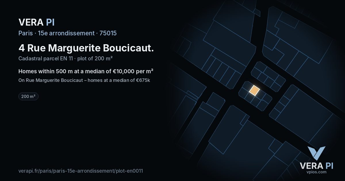 4 Rue Marguerite Boucicaut, 15e arrondissement at night – the plot lit, the parcels around coloured by the prices near them