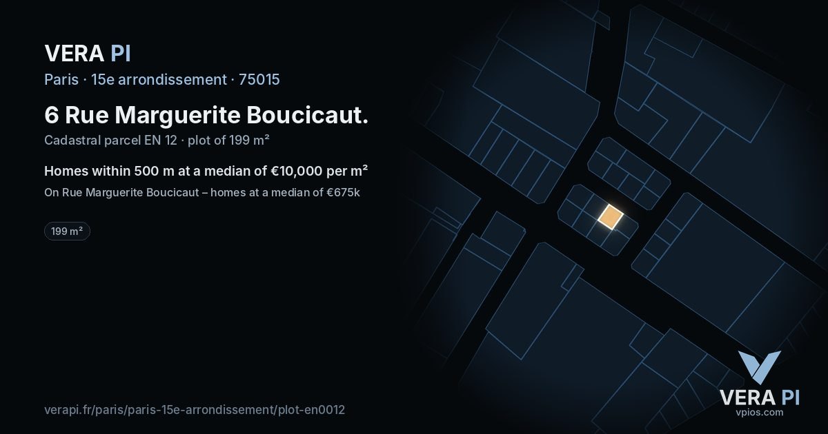 6 Rue Marguerite Boucicaut, 15e arrondissement at night – the plot lit, the parcels around coloured by the prices near them