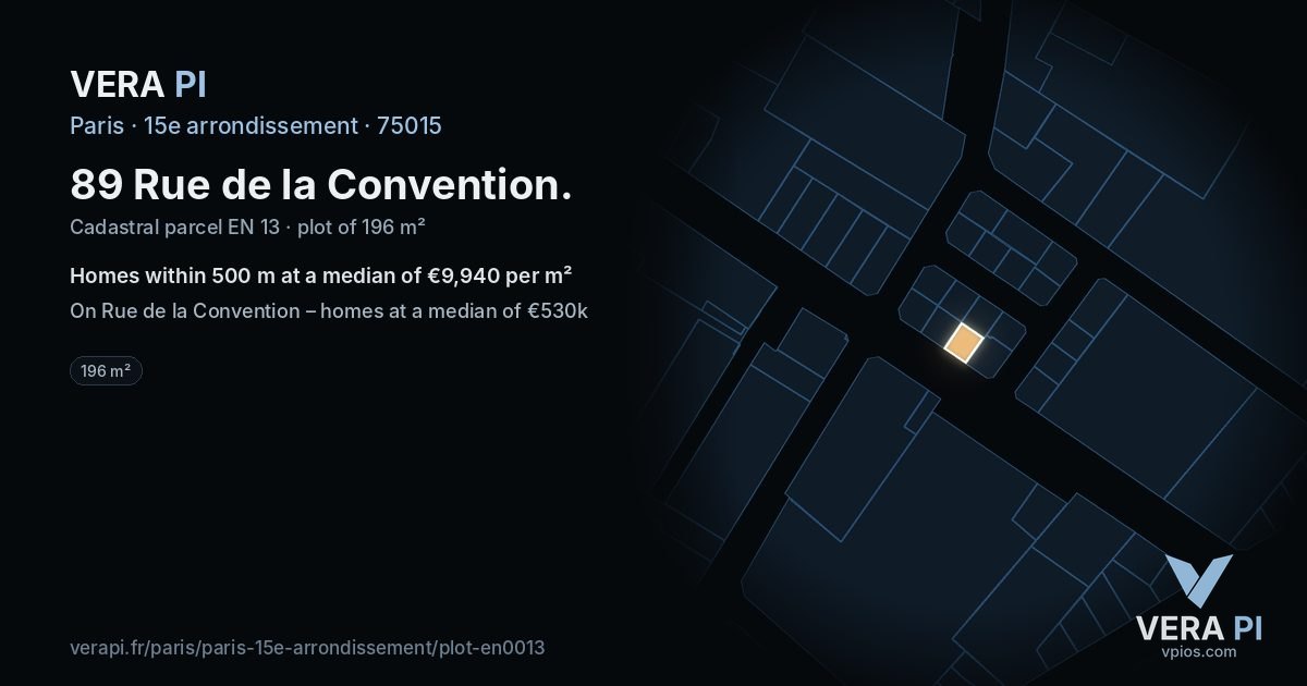 89 Rue de la Convention, 15e arrondissement at night – the plot lit, the parcels around coloured by the prices near them