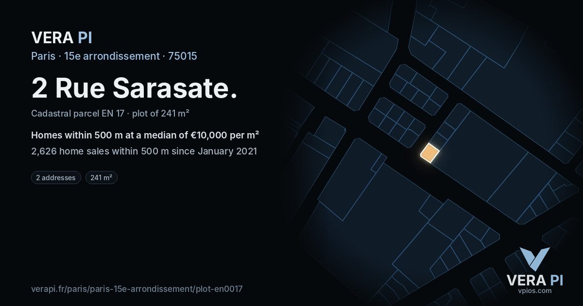 2 Rue Sarasate, 15e arrondissement at night – the plot lit, the parcels around coloured by the prices near them