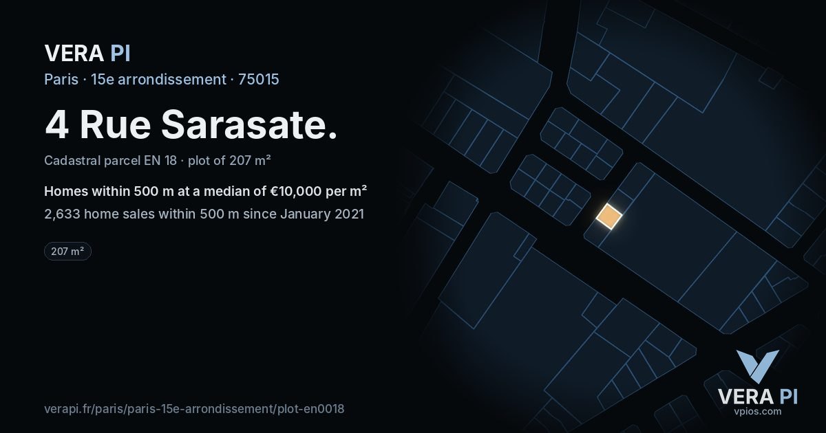 4 Rue Sarasate, 15e arrondissement at night – the plot lit, the parcels around coloured by the prices near them