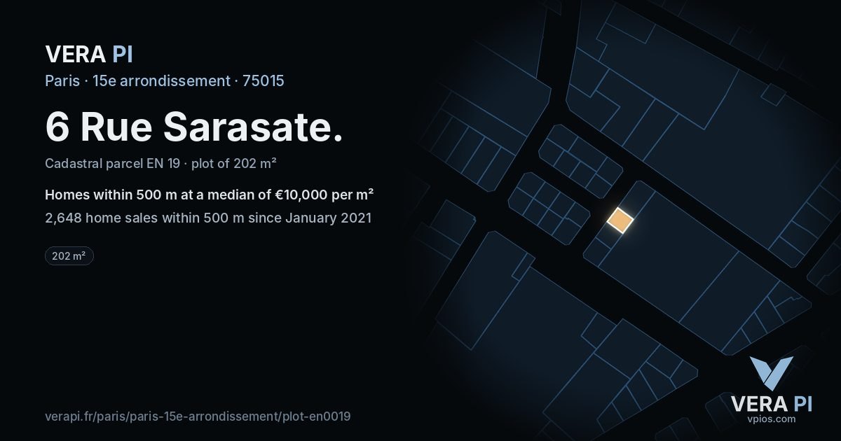 6 Rue Sarasate, 15e arrondissement at night – the plot lit, the parcels around coloured by the prices near them